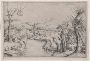 River Landscape with Three Bare Willow-Trees at Right and a Long Winding Wooden Bridge at Center Leading to a Village