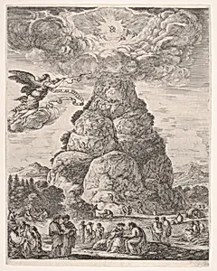 Rock of the Philosphers, or Mount Parnassus, many ancient philosophers gathered in groups at the base of the mountain in the foreground, Diogenes in his barrel to right and Archimedes in center studying an armillary sphere in the middleground, an angel in the sky to left, the mountain in the background, a large cloud at the top of the mountain with the assembly of the gods by Stefano della Bella