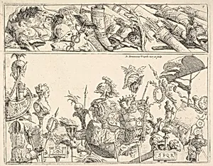 Roman arms, standards, and trophies, a composition divided into two horizontal bands by Giovanni Domenico Tiepolo