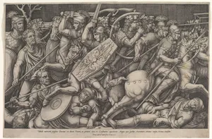 Roman soldiers fighting against Dacians, battle scene in shallow depth with horses and horn-players (after a bas-relief on the Arch of Constantine, Rome)