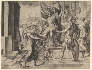 Rome emperor on a throne, vestal virgin Tuccia holding a sieve approaching from the left