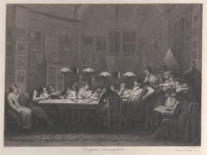 Rosaspina's drawing academy: class of students sketching seated around a table with Rosaspina at the end of the table with women and other spectators