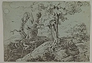 Rugged Moonlit Landscape with a Woman Seated by Gnarled Tree Roots, and an Owl by Ludwig Emil Grimm