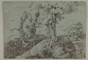Rugged Moonlit Landscape with a Woman Seated by Gnarled Tree Roots, and an Owl