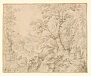 Rugged Wooded River Landscape with Travellers on a Road and a Town Beyond by Philip van den Bossche