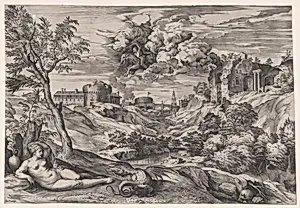 Ruggiero Rescuing Angelica by Cornelis Cort|Titian (Tiziano Vecellio)