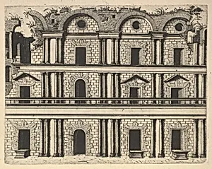 Ruin of a Palace Facade [Palatium M. Agrippa] from the series 'Ruinarum variarum fabricarum delineationes pictoribus caeterisque id genus artificibus multum utiles' by Gerard de Jode|Monogrammist G.A. & the Caltrop|Lambert Suavius