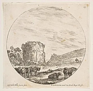 Ruins of a temple in a Roman landscape, plate 13 from "Roman landscapes and ruins" (Paysages et ruines de Rome) by Stefano della Bella|François Langlois