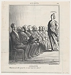 Run-off elections: Will she invite me for a second waltz?, from 'News of the day,' published in Le Charivari, June 2, 1869 by Arnaud de Vresse|Walter Frères|Honoré Daumier
