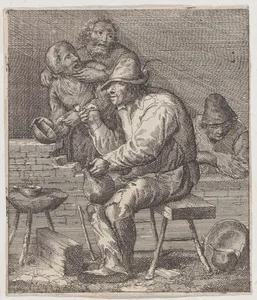 Rustic interior with a peasant seated on bench at center holding a jug and a pipe