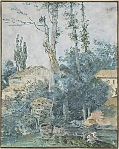 Rustic Scene – A Woman Washing Clothes in a Stream