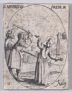 S. Abondie, prêtre et martyr (St. Abundius, Priest and Martyr), July 11th, from "Les Images De Tous Les Saincts et Saintes de L'Année" (Images of All of the Saints and Religious Events of the Year) by Jacques Callot|Israël Henriet