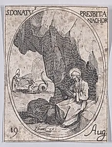 S. Donat, prêtre, anachorète (St. Donatus, Priest and Anchorite), August 19th, from "Les Images De Tous Les Saincts et Saintes de L'Année" (Images of All of the Saints and Religious Events of the Year) by Jacques Callot|Israël Henriet