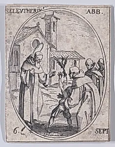 S. Eleuthère, abbé (St. Eleutherius, Abbot), September 6th, from "Les Images De Tous Les Saincts et Saintes de L'Année" (Images of All of the Saints and Religious Events of the Year) by Jacques Callot|Israël Henriet