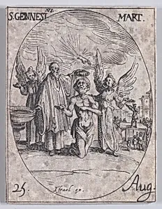 S. Genès, martyr (St. Genesius, Martyr), August 25th, from "Les Images De Tous Les Saincts et Saintes de L'Année" (Images of All of the Saints and Religious Events of the Year) by Jacques Callot|Israël Henriet