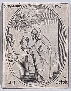 S. Magloire, évêque (St. Maglorius, Bishop), October 24th, from "Les Images De Tous Les Saincts et Saintes de L'Année" (Images of All of the Saints and Religious Events of the Year) by Jacques Callot|Israël Henriet