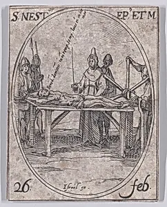 S. Nestor, évêque et martyr (St. Nestor, Bishop and Martyr), February 26th, from "Les Images De Tous Les Saincts et Saintes de L'Année" (Images of All of the Saints and Religious Events of the Year) by Jacques Callot|Israël Henriet