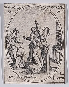 S. Nicaise et Ste. Eutropie (St. Nicasius and St. Eutropia), December 14th, from "Les Images De Tous Les Saincts et Saintes de L'Année" (Images of All of the Saints and Religious Events of the Year) by Jacques Callot|Israël Henriet