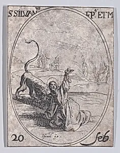 S. Silvain, évêque et martyr (St. Sylvanus, Bishop and Martyr), February 20th, from "Les Images De Tous Les Saincts et Saintes de L'Année" (Images of All of the Saints and Religious Events of the Year) by Jacques Callot|Israël Henriet