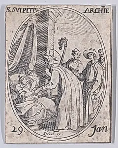 S. Sulpice, archevêque (St. Sulpitius, Archbishop), January 29th, from "Les Images De Tous Les Saincts et Saintes de L'Année" (Images of All of the Saints and Feast Days of the Year) by Jacques Callot|Israël Henriet