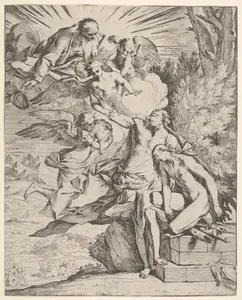 Sacrifice of Isaac: an angel presses against the dagger-bearing arm of Abraham, who stands next to Isaac on an altar, God the Father and an angel bearing a lamb approach from the left