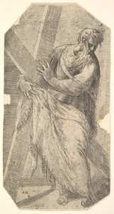 Saint Andrew holding a large cross, from "Christ and the Apostles"