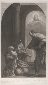 Saint Anne kneeling holding the Virgin, with Saint Joachim holding his staff at right