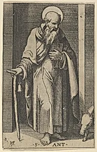 Saint Anthony, a staff in his right hand, from "Piccoli Santi" (Small Saints) by Marcantonio Raimondi