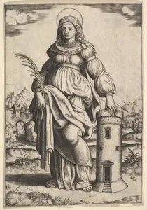 Saint Barbara standing, palm in her right hand, resting her left hand on a tower
