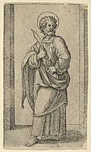 Saint Bartholomew, knife in his right hand, from "Piccoli Santi" (Small Saints) by Marcantonio Raimondi|Raphael (Raffaello Sanzio or Santi)