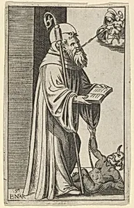 Saint Bernard standing holding an open book, a chained dragon at the lower right, from the series 'Piccoli Santi' (Small Saints) by Marcantonio Raimondi