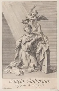Saint Catherine of Alexandria, kneeling with her elbow resting on the spiked wheel, and an angel crowning her with a flower wreath