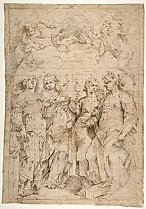 Saint Cecilia, Saint Mary Magdalen, Saint Catherine of Alexandria, and Saint Agnes, Angels with Palm Branches and Crowns Above (recto); Sketches of Three Standing Figures and Arithmetic Calculations (verso) by Panfilo Nuvolone