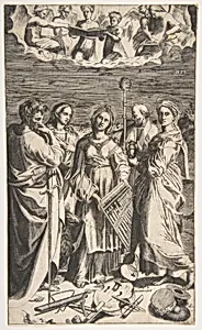 Saint Cecilia standing in the centre accompanied by Saint Paul, the Magdalene, Saint John the Evangelist, and Saint Augustine by Giulio Bonasone|Raphael (Raffaello Sanzio or Santi)