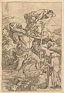 Saint Christopher crossing the river with Christ in the form of a putto on his shoulders and a hermit in the foreground by Marcantonio Raimondi|Albrecht Dürer
