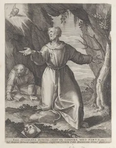 Saint Francis kneeling with his arms outstretched, looking towards a cherub at upper left