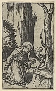 Saint Francis of Assisi praying before a crucifix, from "Piccoli Santi" (Small Saints) by Marcantonio Raimondi