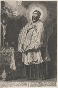 Saint Francis Xavier with a divine light emanating towards him from the upper left, with a crucifix, mitre, and book on a table at left