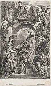 Saint Gregory and other saints in front of a gateway with a portrait of the Virgin, cherubs overhead by Rombout Eynhoudts|Peter Paul Rubens