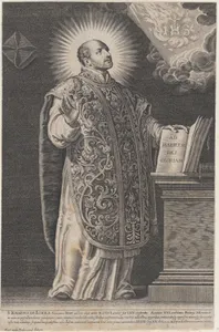 Saint Ignatius Loyola, standing and holding an open book
