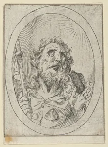 Saint James Major, looking upwards and holding a staff, from "Christ, the Virgin, and Thirteen Apostles"