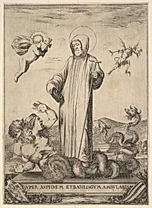 Saint Jean Gualbert trampling a monster with two human heads and a serpentine body, a flying demon in background to right, an angel with a cross flying to left, from 'Frontispiece and four scenes from the life of Saint John Gualbert' (Frontispice et quatre vignettes pour une vie de Saint Jean Gualbert) by Stefano della Bella