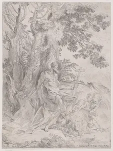 Saint Jerome before a crucifix accompanied by a lion and three putti