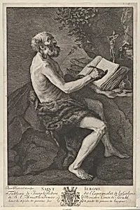 Saint Jerome in the Wilderness, seated, writing and meditating on a crucifix by Jusepe de Ribera (called Lo Spagnoletto)|Pierre Hutin