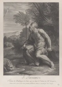 Saint Jerome seated by a tree looking up at a crucifix, a lion drinking water from a stream to his right