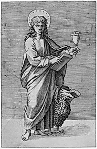 Saint John holding chalice in left hand, book in right, eagle standing by left side by Marcantonio Raimondi|Raphael (Raffaello Sanzio or Santi)