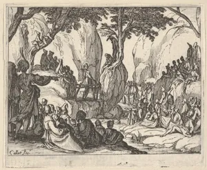 Saint John Preaching in the Desert (Saint Jean Préchant dans le Désert), with arm upraised, surrounded by male and female figures in a rocky setting
