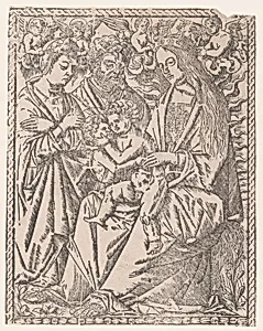 Saint John the Baptist embracing the Christ Child who sits on the Virgin's knee, she is being crowned by angels, other saints at left by Anonymous, Italian, 16th century