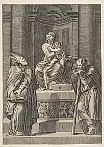 Saint Joseph at left and a bishop at right standing before the altar of the Virgin and Christ Child by Marco Dente|Polidoro da Caravaggio