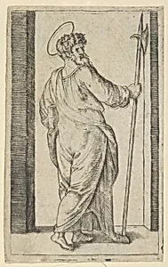 Saint Jude, holding a halberd in his right hand, from "Piccoli Santi" (Small Saints) by Marcantonio Raimondi|Raphael (Raffaello Sanzio or Santi)